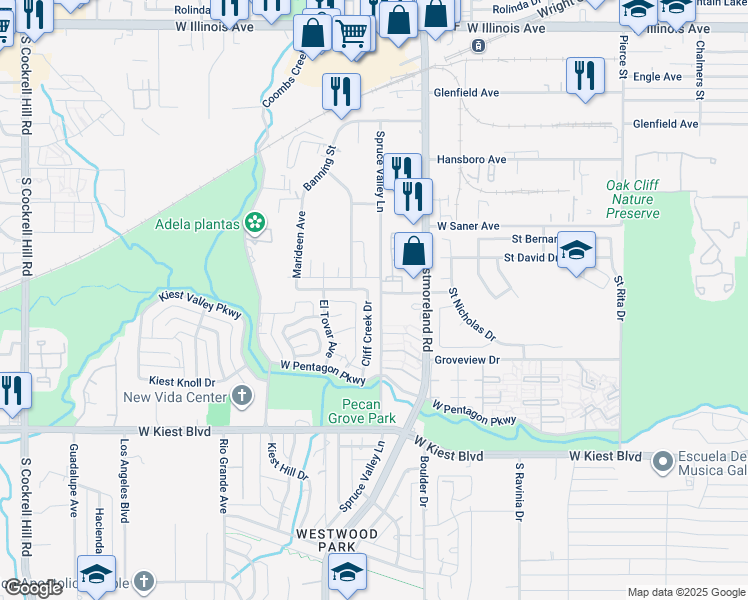 map of restaurants, bars, coffee shops, grocery stores, and more near 3012 Cliff Creek Drive in Dallas
