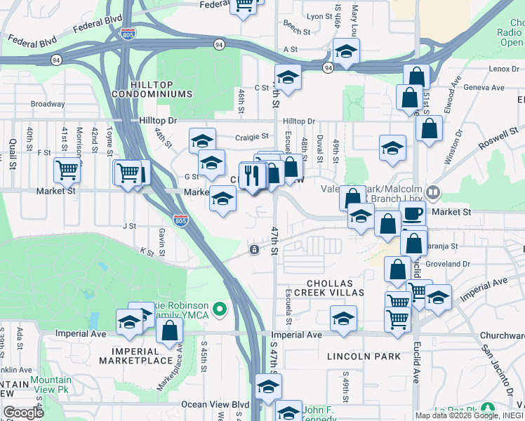 map of restaurants, bars, coffee shops, grocery stores, and more near 4636 Hartley Street in San Diego