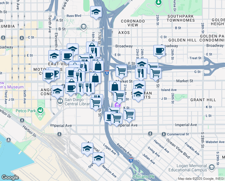 map of restaurants, bars, coffee shops, grocery stores, and more near 19th Street & Island Avenue in San Diego