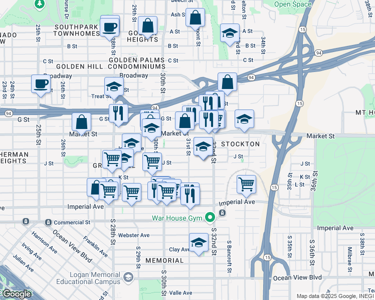 map of restaurants, bars, coffee shops, grocery stores, and more near 440 31st Street in San Diego