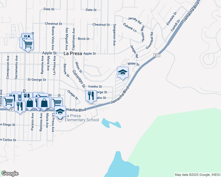 map of restaurants, bars, coffee shops, grocery stores, and more near 9853 Ivanho Street in Spring Valley