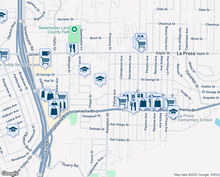 map of restaurants, bars, coffee shops, grocery stores, and more near 725 Kempton Street in Spring Valley