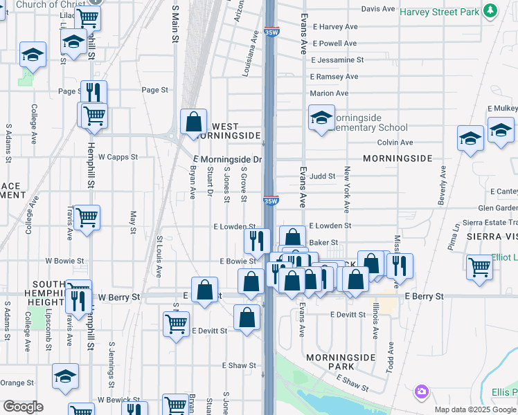 map of restaurants, bars, coffee shops, grocery stores, and more near 2820 South Freeway in Fort Worth