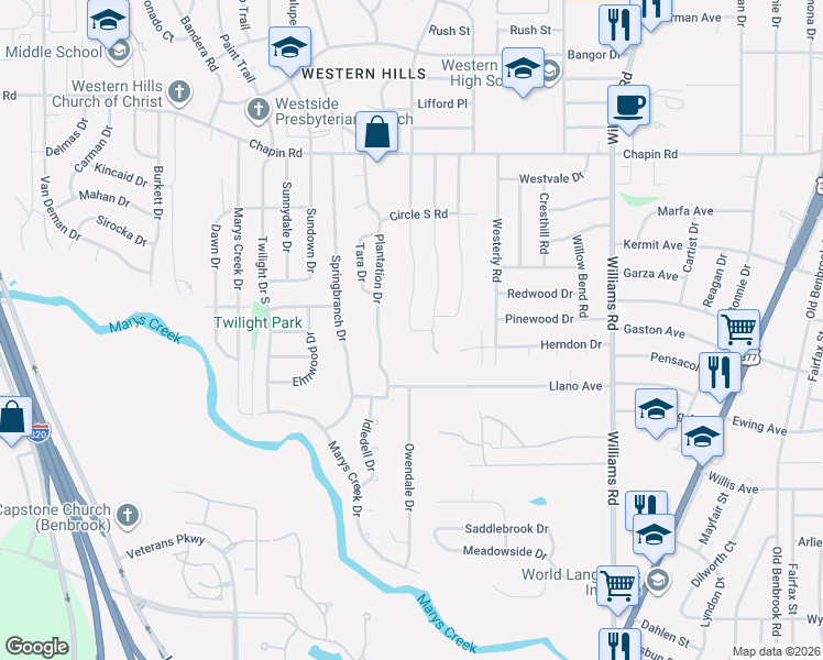 map of restaurants, bars, coffee shops, grocery stores, and more near 4016 Bendale Road in Benbrook