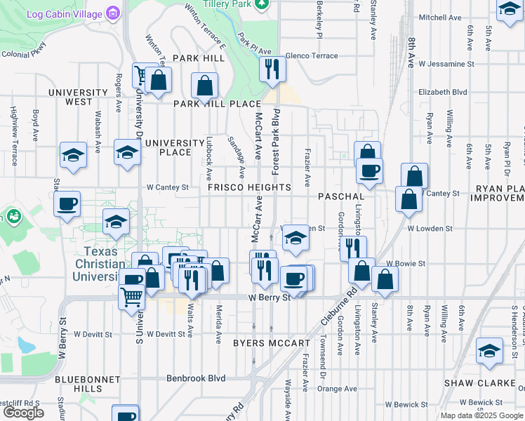 map of restaurants, bars, coffee shops, grocery stores, and more near 2817 McCart Avenue in Fort Worth