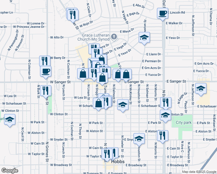 map of restaurants, bars, coffee shops, grocery stores, and more near 1007 North Dalmont Street in Hobbs