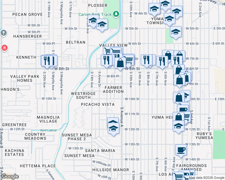 map of restaurants, bars, coffee shops, grocery stores, and more near 932 South 12th Avenue in Yuma