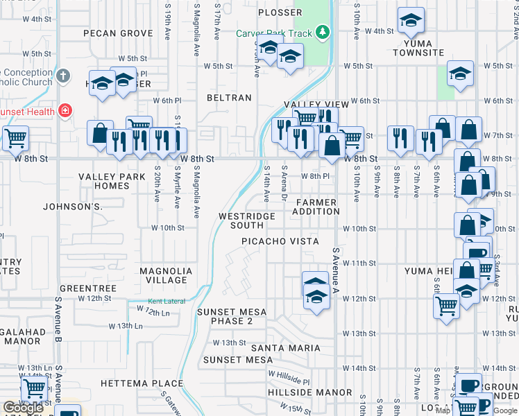 map of restaurants, bars, coffee shops, grocery stores, and more near 1480 West 9th Place in Yuma