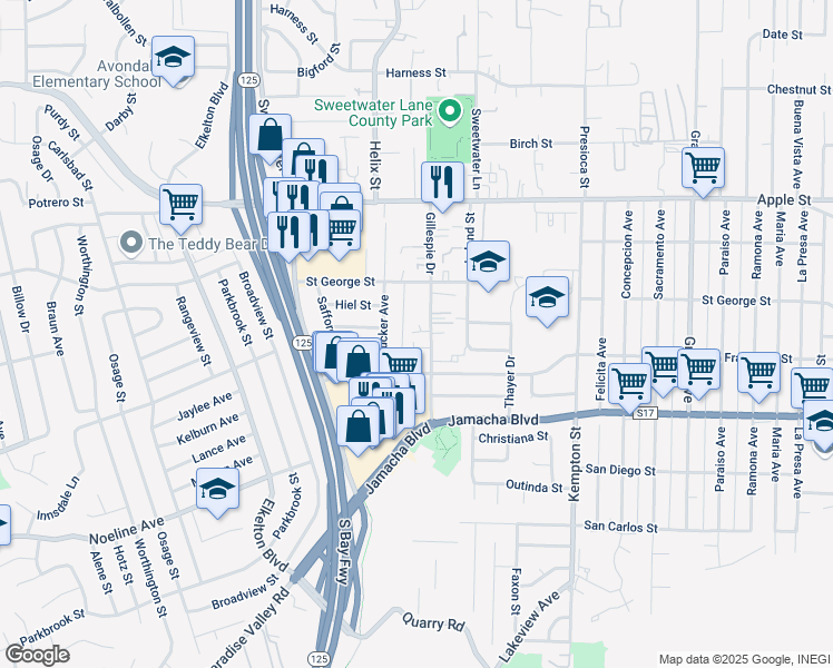 map of restaurants, bars, coffee shops, grocery stores, and more near 930 Gillespie Drive in Spring Valley