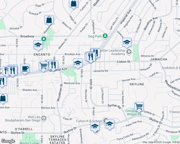 map of restaurants, bars, coffee shops, grocery stores, and more near 6865 Jamacha Road in San Diego