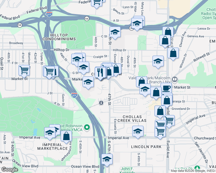 map of restaurants, bars, coffee shops, grocery stores, and more near 4626 Hartley Street in San Diego