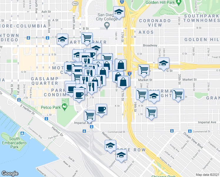 map of restaurants, bars, coffee shops, grocery stores, and more near 1501 Island Avenue in San Diego