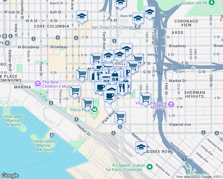 map of restaurants, bars, coffee shops, grocery stores, and more near 525 11th Avenue in San Diego