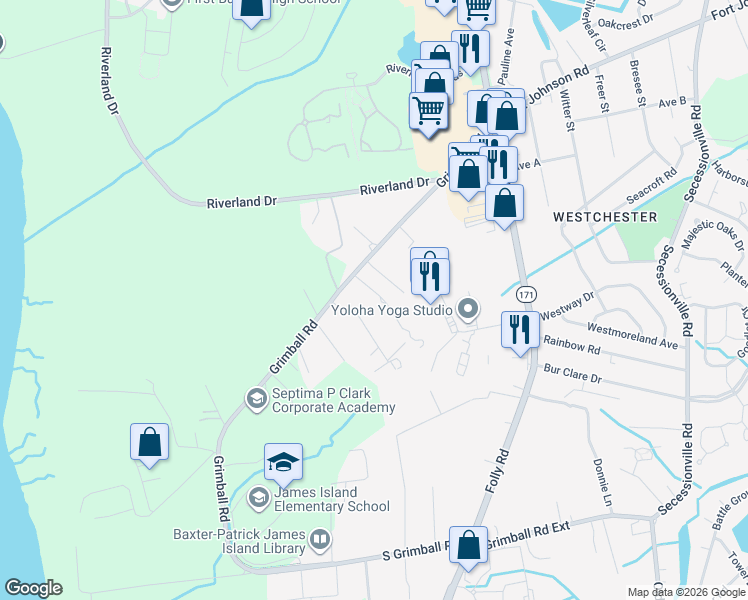 map of restaurants, bars, coffee shops, grocery stores, and more near 1485 Little Rock Boulevard in Charleston