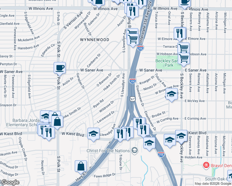 map of restaurants, bars, coffee shops, grocery stores, and more near 534 Ryan Road in Dallas