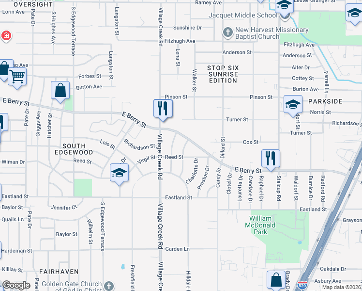 map of restaurants, bars, coffee shops, grocery stores, and more near 3612 Ruthann Drive in Fort Worth