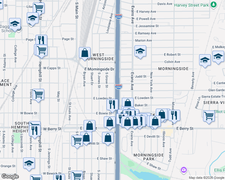 map of restaurants, bars, coffee shops, grocery stores, and more near 2820 South Freeway in Fort Worth