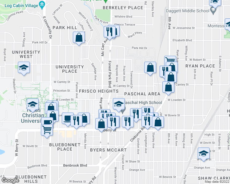 map of restaurants, bars, coffee shops, grocery stores, and more near 2816 Wayside Avenue in Fort Worth