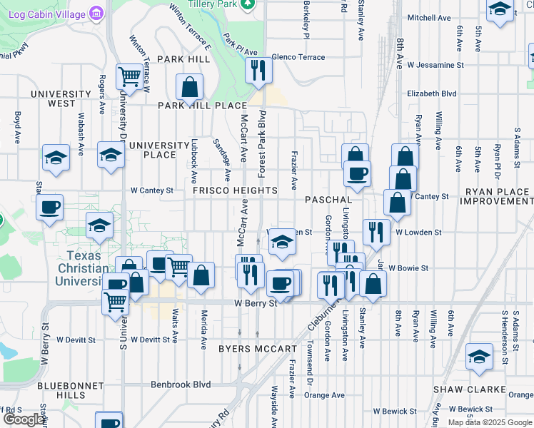 map of restaurants, bars, coffee shops, grocery stores, and more near 2816 Wayside Avenue in Fort Worth