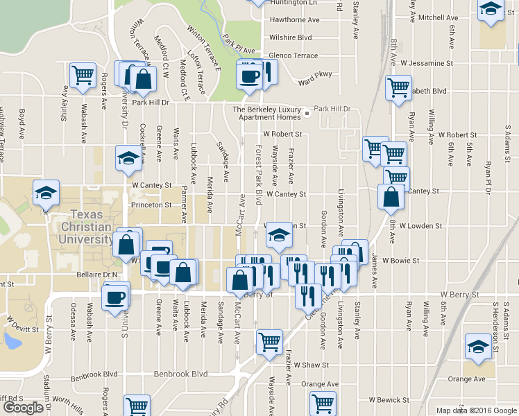 map of restaurants, bars, coffee shops, grocery stores, and more near 2816 Wayside Avenue in Fort Worth