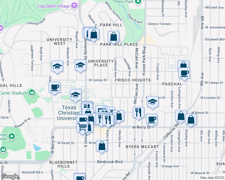 map of restaurants, bars, coffee shops, grocery stores, and more near 2809 Lubbock Avenue in Fort Worth