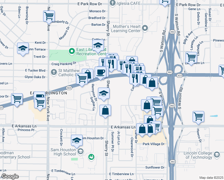 map of restaurants, bars, coffee shops, grocery stores, and more near 2131 E Arkansas Ln in Arlington