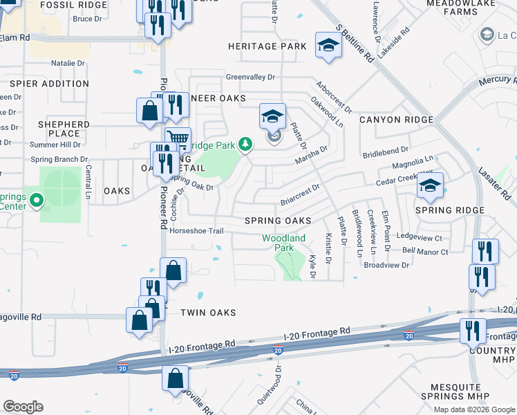 map of restaurants, bars, coffee shops, grocery stores, and more near 14304 Briarcrest Drive in Balch Springs