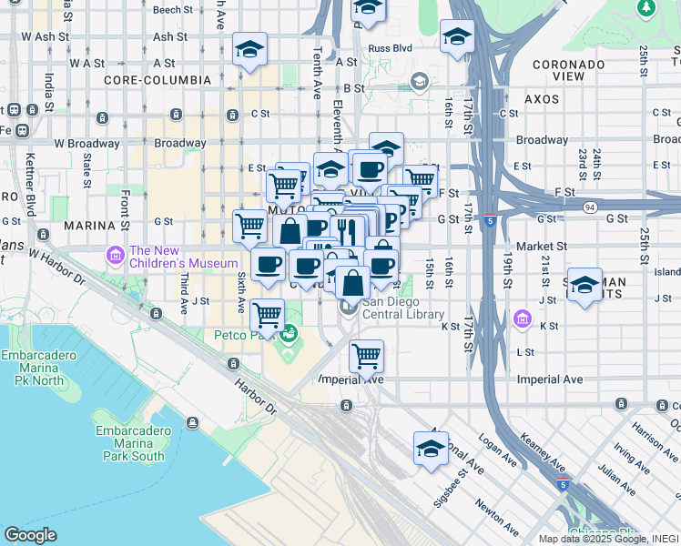 map of restaurants, bars, coffee shops, grocery stores, and more near 1155 Island Avenue in San Diego