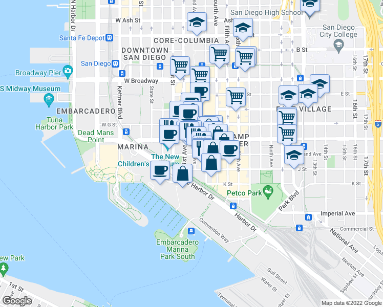 map of restaurants, bars, coffee shops, grocery stores, and more near 120 West Island Avenue in San Diego