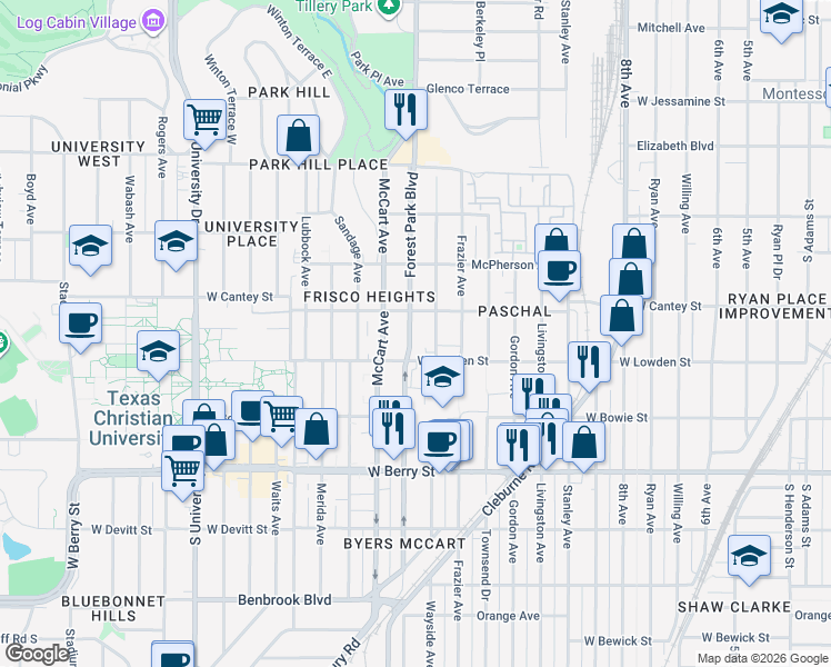map of restaurants, bars, coffee shops, grocery stores, and more near 2819 Forest Park Boulevard in Fort Worth