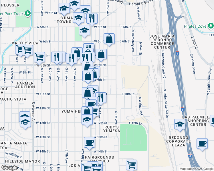 map of restaurants, bars, coffee shops, grocery stores, and more near 940 S 2nd Ave in Yuma