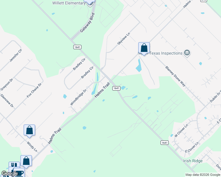 map of restaurants, bars, coffee shops, grocery stores, and more near 10411 Woodbridge Drive in Forney