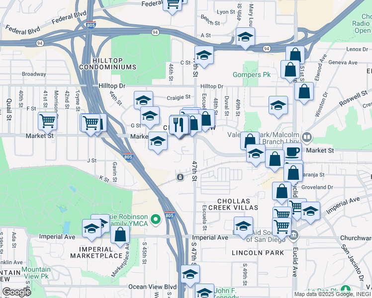 map of restaurants, bars, coffee shops, grocery stores, and more near 4626 Hartley Street in San Diego