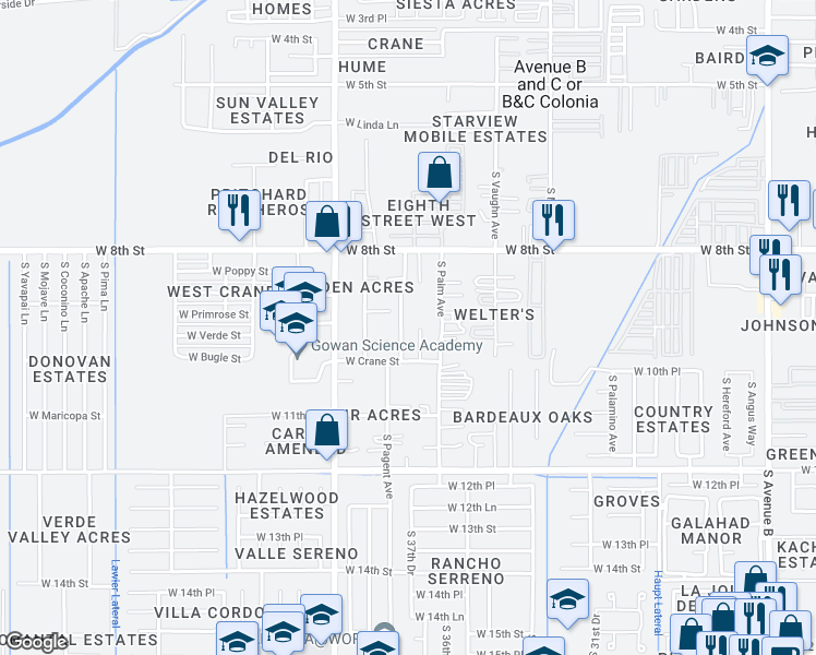 map of restaurants, bars, coffee shops, grocery stores, and more near 925 South Pagent Avenue in Yuma