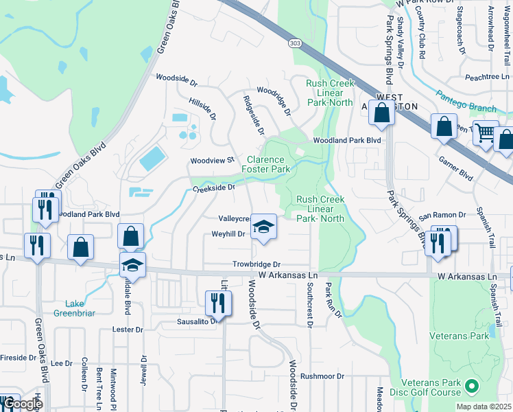 map of restaurants, bars, coffee shops, grocery stores, and more near 2111 Woodside Dr in Arlington