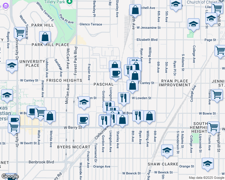 map of restaurants, bars, coffee shops, grocery stores, and more near 2817 Livingston Avenue in Fort Worth