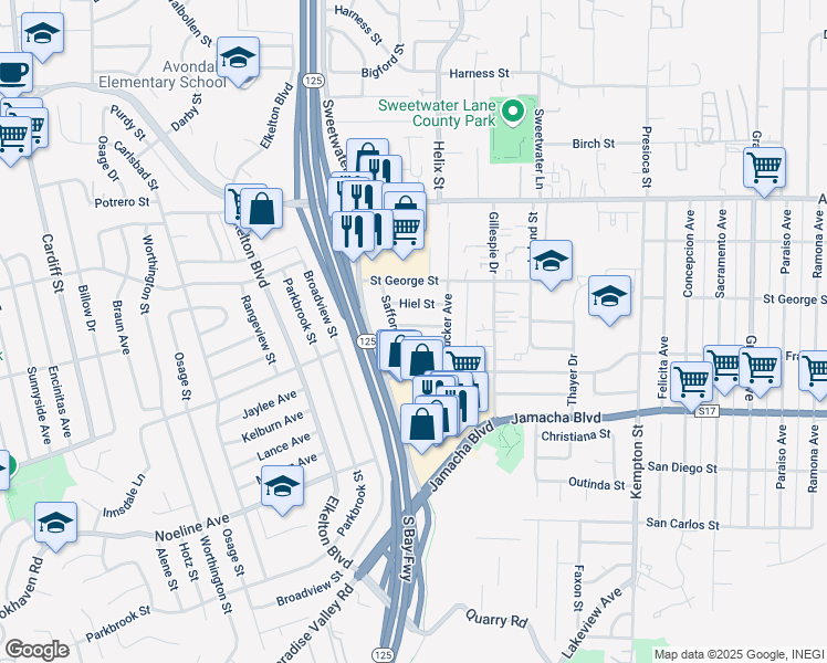map of restaurants, bars, coffee shops, grocery stores, and more near 8725 Kelso Street in Spring Valley