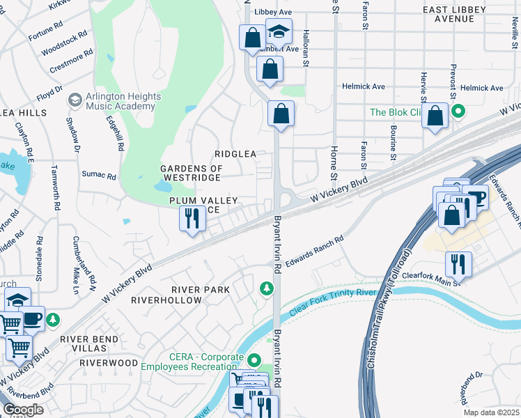 map of restaurants, bars, coffee shops, grocery stores, and more near 1005 Ridglea Lane in Fort Worth
