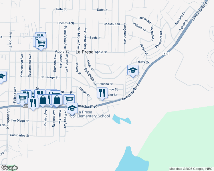 map of restaurants, bars, coffee shops, grocery stores, and more near 9753 Ivanho Street in Spring Valley