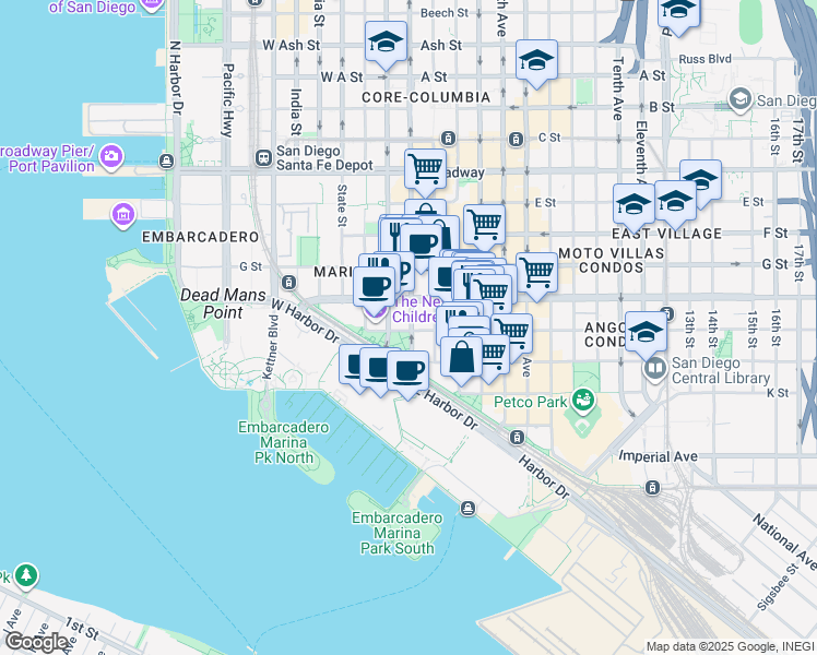 map of restaurants, bars, coffee shops, grocery stores, and more near in San Diego