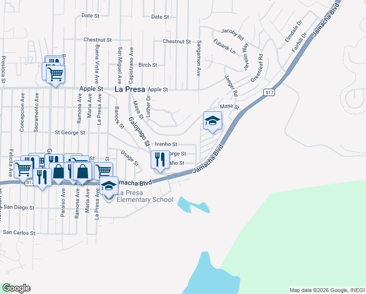 map of restaurants, bars, coffee shops, grocery stores, and more near 9829 Ivanho Street in Spring Valley