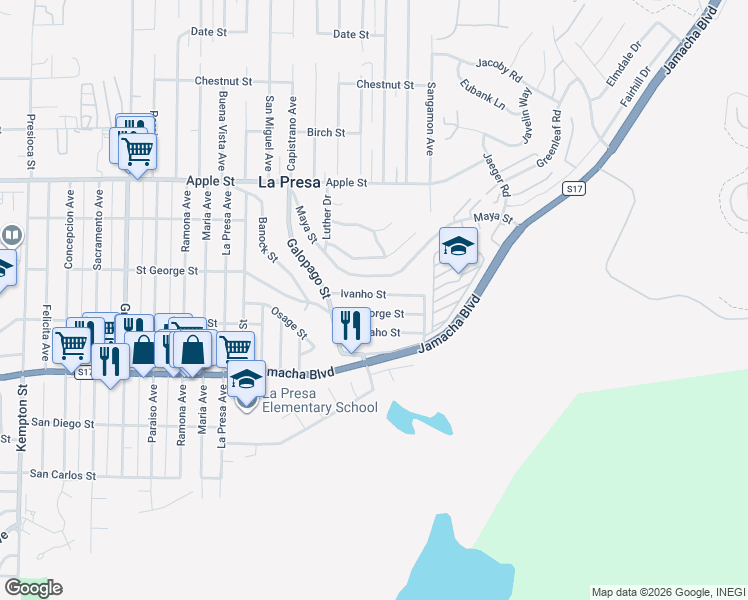 map of restaurants, bars, coffee shops, grocery stores, and more near 9805 Ivanho Street in Spring Valley