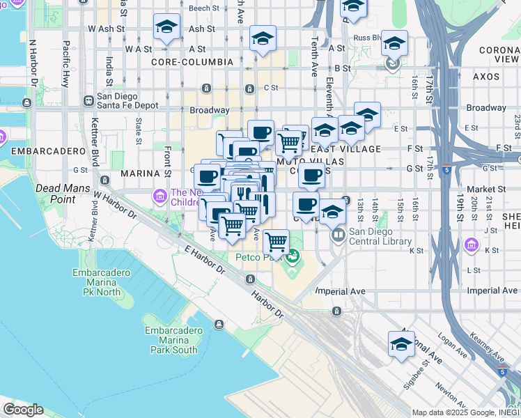 map of restaurants, bars, coffee shops, grocery stores, and more near 602 Island Avenue in San Diego