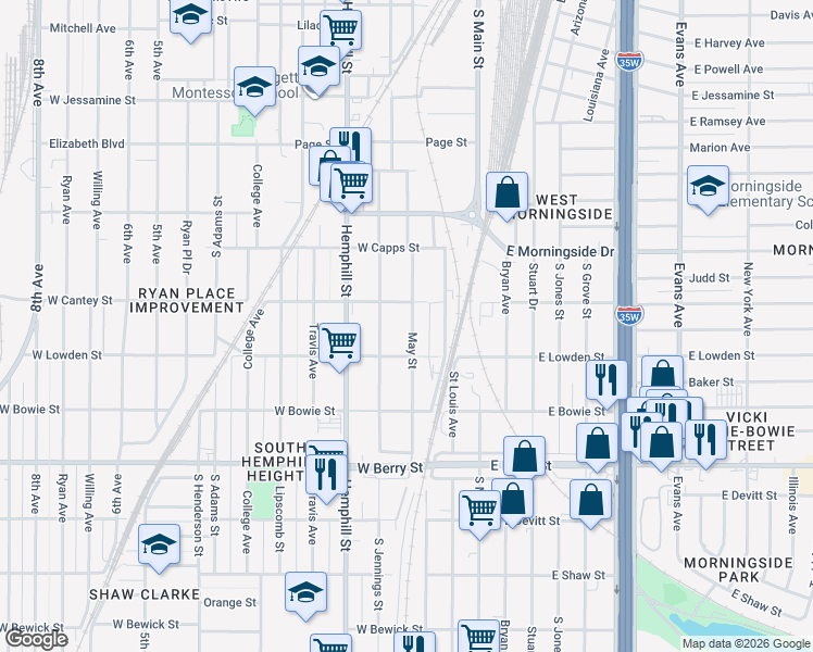 map of restaurants, bars, coffee shops, grocery stores, and more near 2820 May Street in Fort Worth