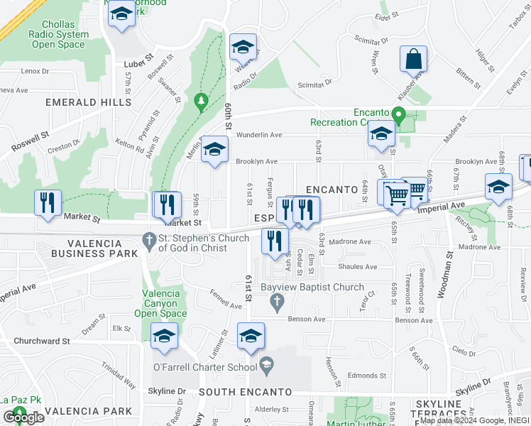 map of restaurants, bars, coffee shops, grocery stores, and more near 526 Fergus Street in San Diego