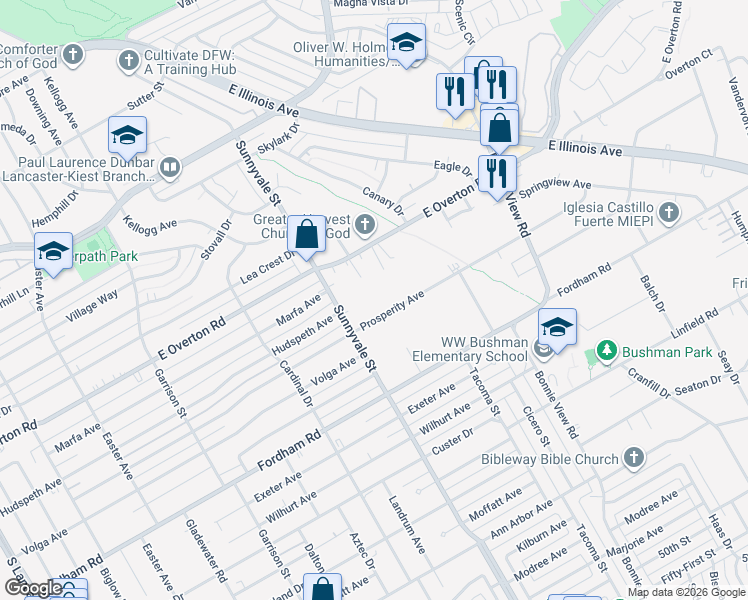 map of restaurants, bars, coffee shops, grocery stores, and more near 2735 Prosperity Avenue in Dallas