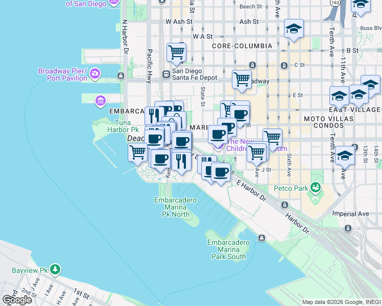 map of restaurants, bars, coffee shops, grocery stores, and more near West Harbor Drive in San Diego