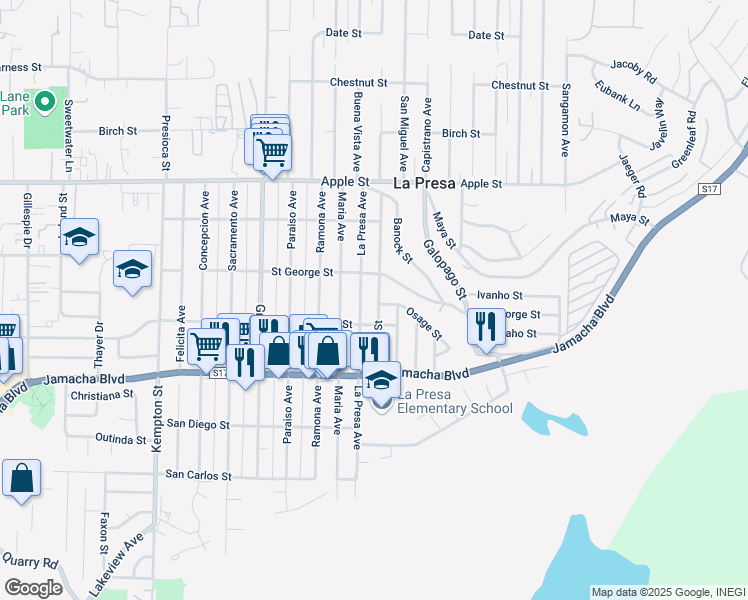 map of restaurants, bars, coffee shops, grocery stores, and more near 734 Pecos Street in Spring Valley