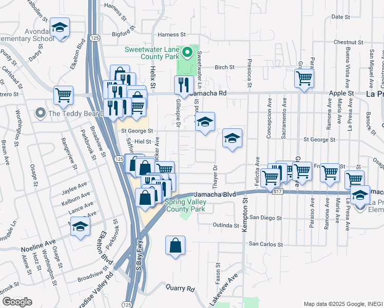 map of restaurants, bars, coffee shops, grocery stores, and more near 936 Leland Street in Spring Valley
