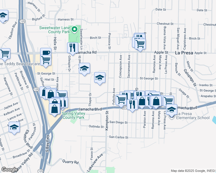 map of restaurants, bars, coffee shops, grocery stores, and more near 740 Kempton Street in Spring Valley